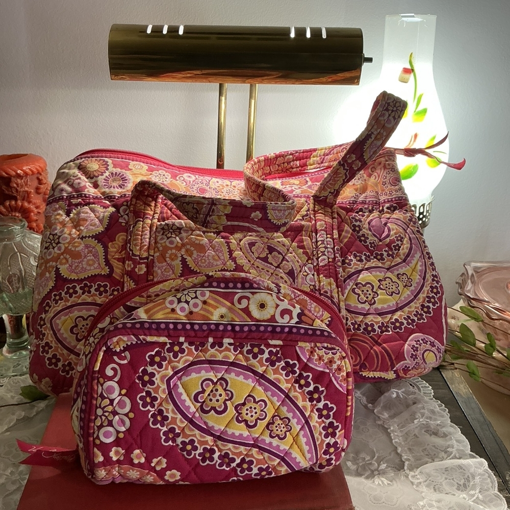Vera Bradley Raspberry Fizz Pink and Yellow Paisley Bag Set